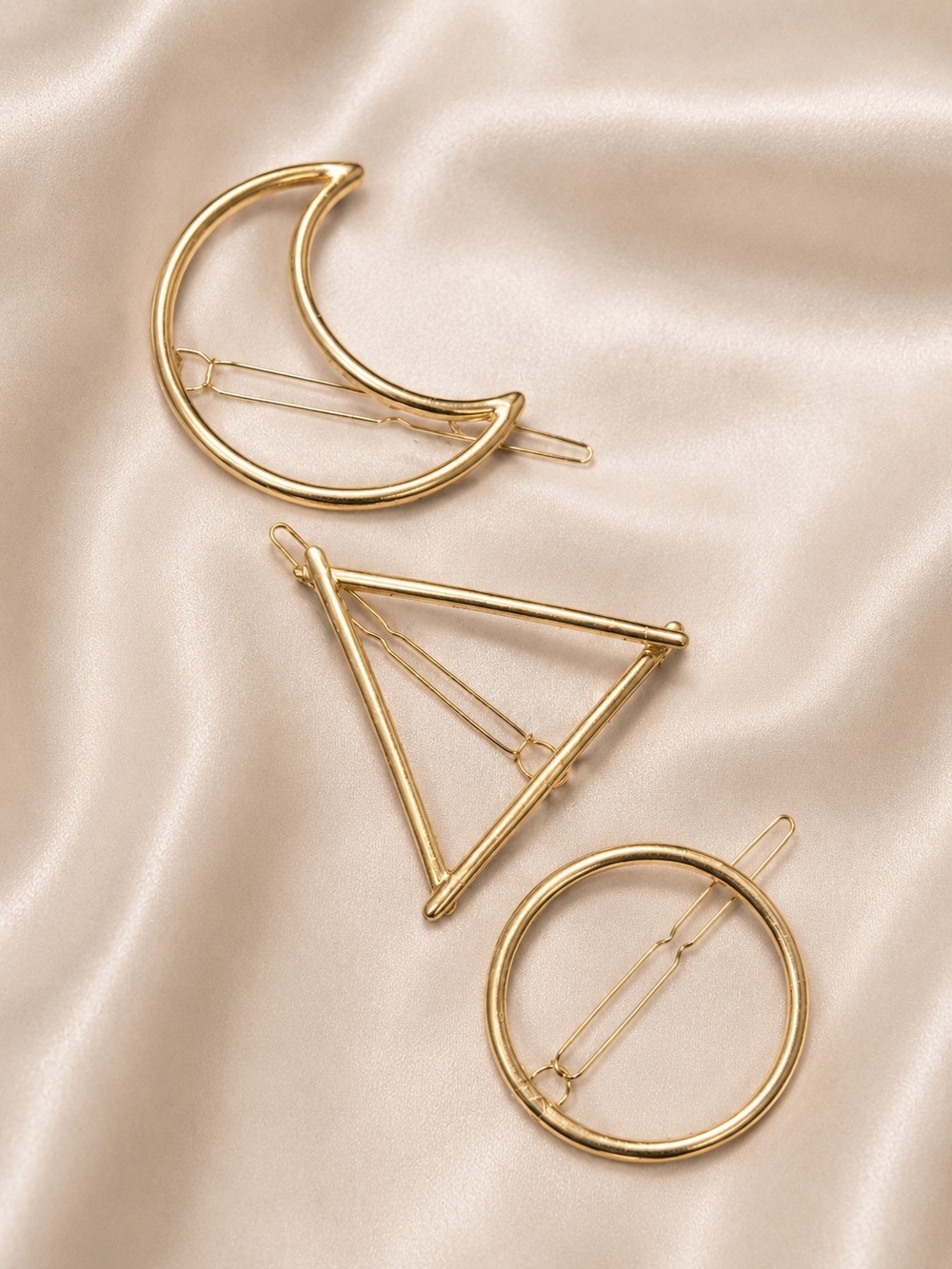 Gold Geometric Hair Barrette Set Moon Circle Triangle | Boho Minimalist 3 Piece